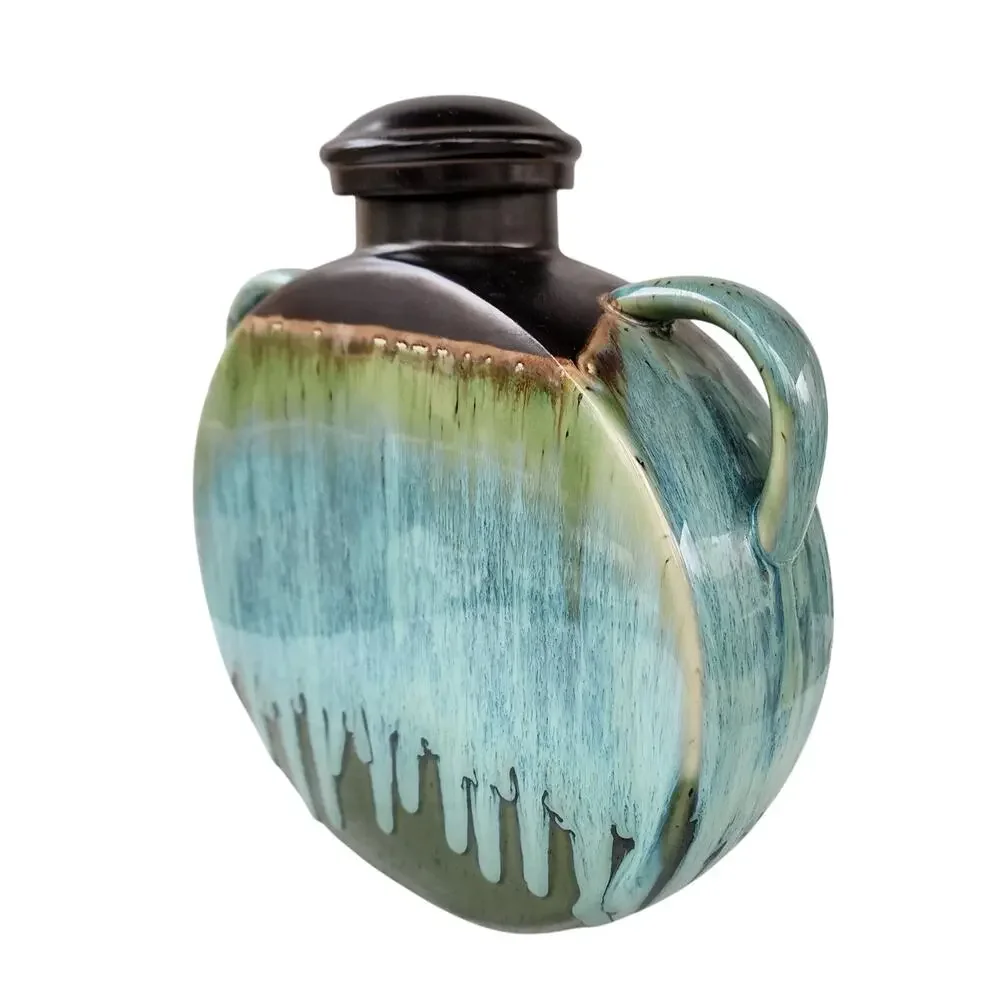 Drip Glaze Pilgrim Flask Vase | Blue Green Sculptural Pottery Decor